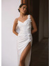 Spaghetti Straps Ivory Satin High Slit Sexy Wedding Dress